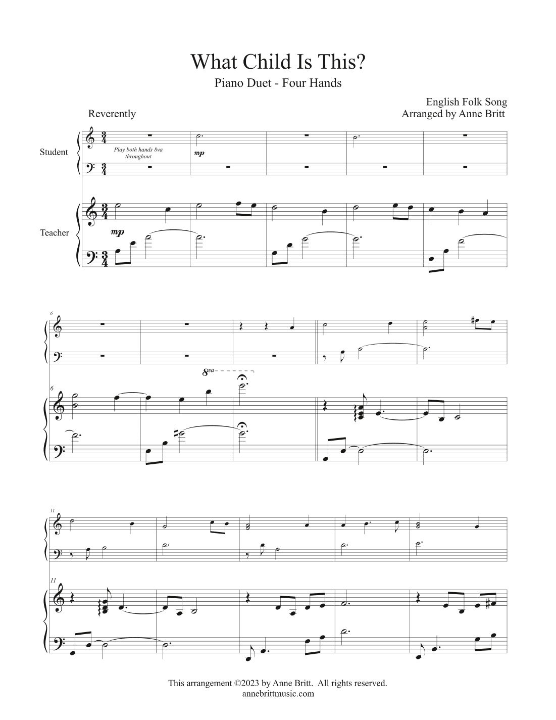 What Child Is This? (late elementary student/teacher piano duet) (arr. Anne Britt)