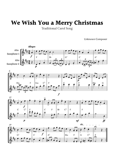 We Wish you a Merry Christmas for Alto Sax Duet with Chords (arr. Rika K.)