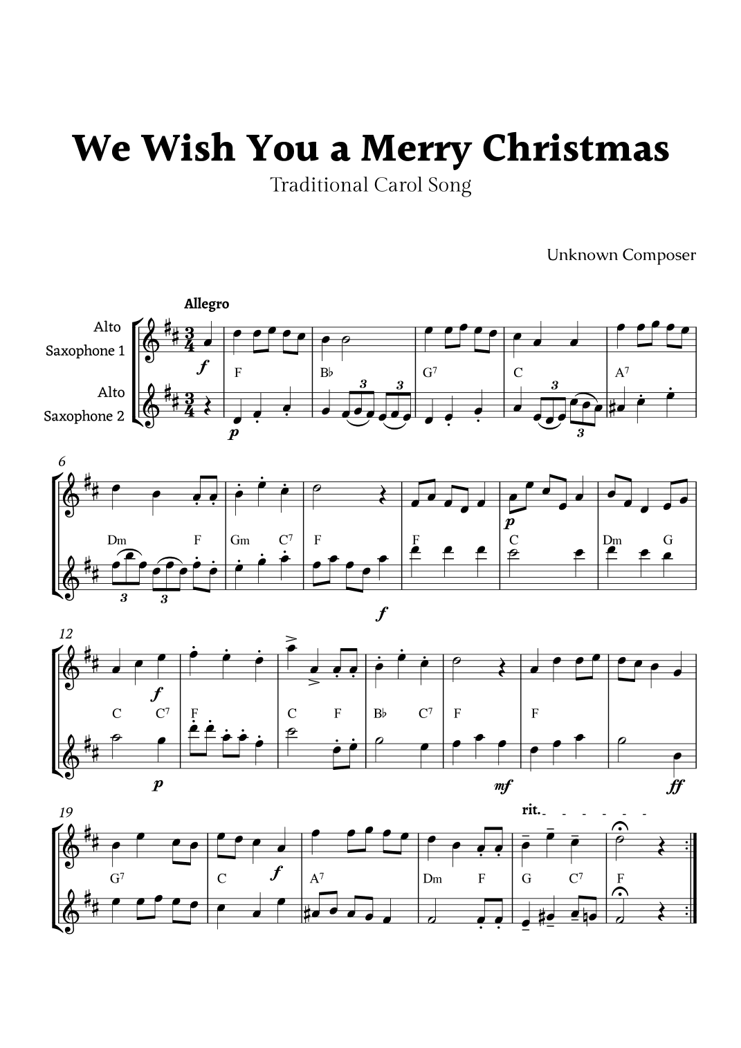 We Wish you a Merry Christmas for Alto Sax Duet with Chords (arr. Rika K.)