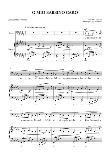O Mio Babbino Caro | Male Voice Bass | D-flat Major | Piano accompaniment | Pedal (arr. Milanov)