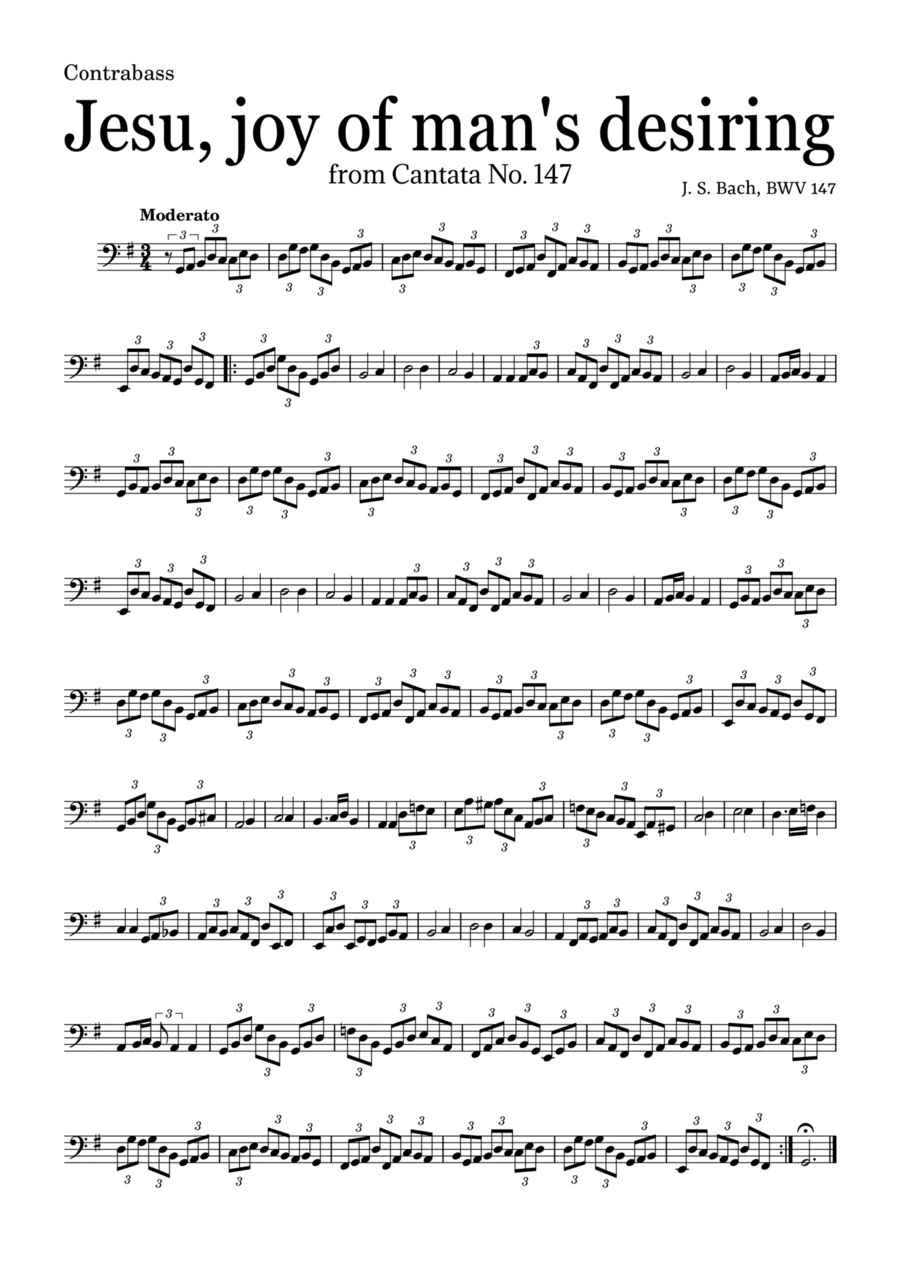 JESU, JOY OF MAN'S DESIRING by Bach - easy version for Contrabass and piano with chords (arr. Leyandder Trustworthy)