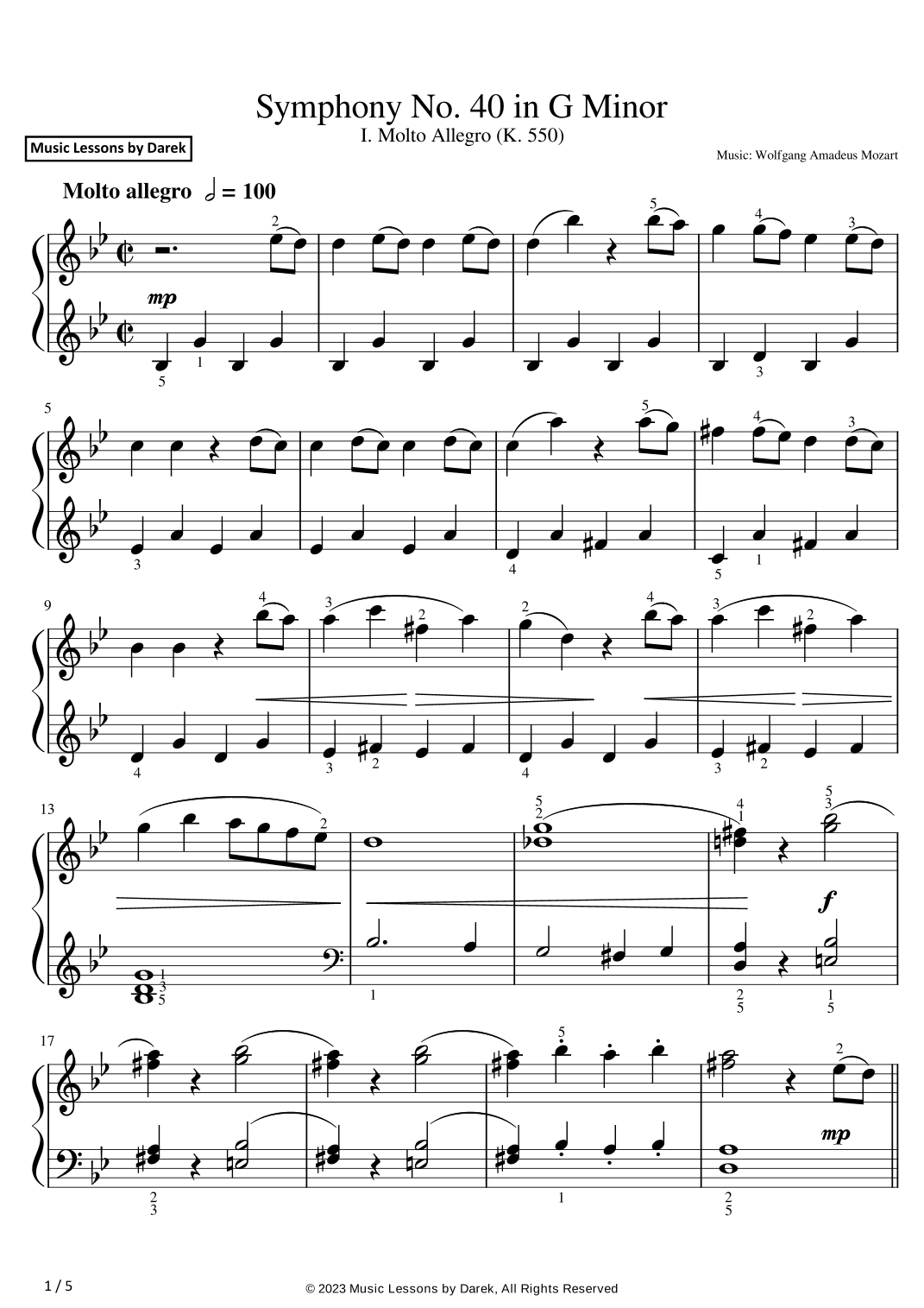 Symphony No. 40 in G Minor (EASY PIANO) I. Molto Allegro (K. 550) [Wolfgang Amadeus Mozart] (arr. Darek)