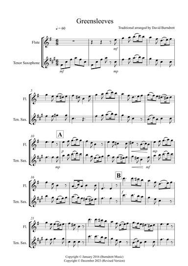 Greensleeves for Flute and Tenor Saxophone Duet (arr. David Burndrett)