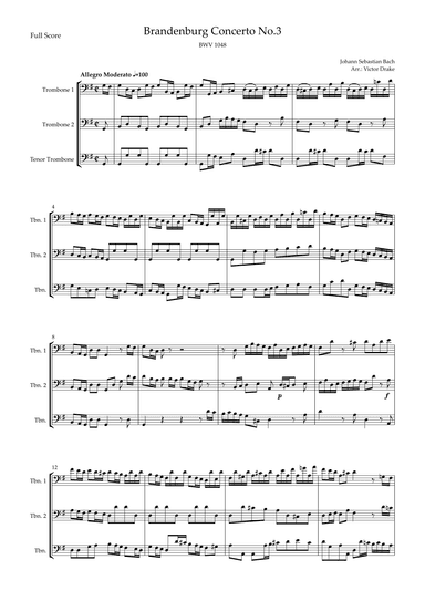 Brandenburg Concerto No. 3 in G major, BWV 1048 1st Mov. (J.S. Bach) for Trombone Trio (arr. Victor Drake)