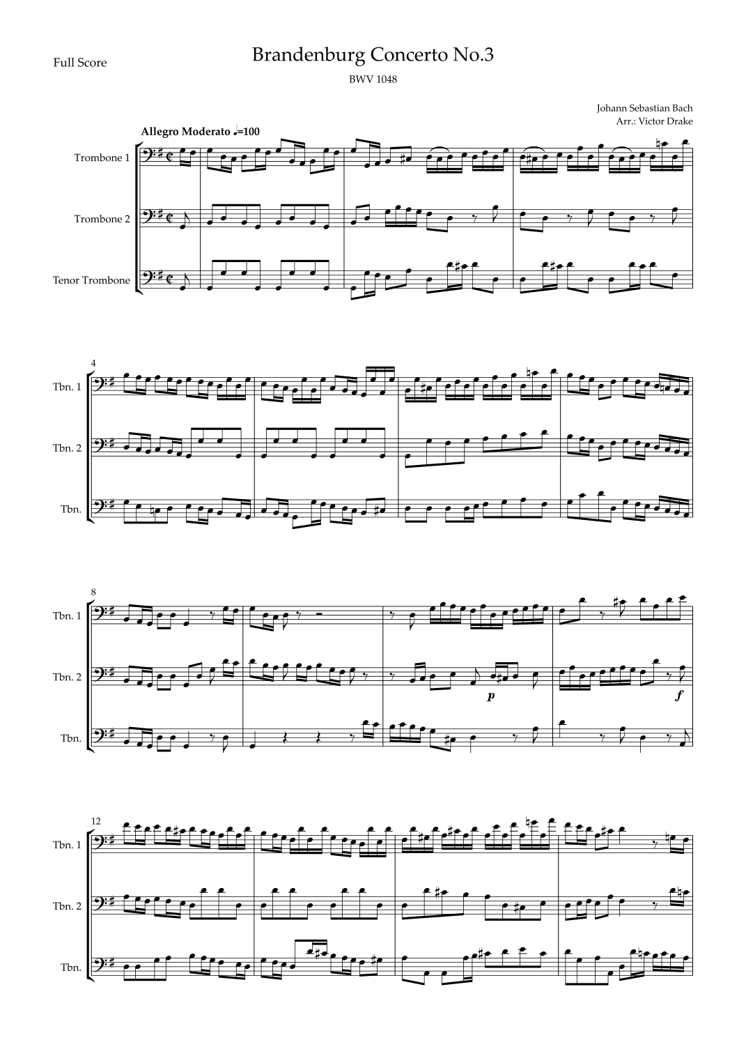 Brandenburg Concerto No. 3 in G major, BWV 1048 1st Mov. (J.S. Bach) for Trombone Trio (arr. Victor Drake)