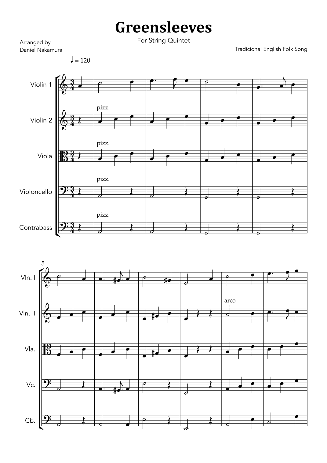 Greensleeves (For String Quintet) (arr. Daniel Nakamura)