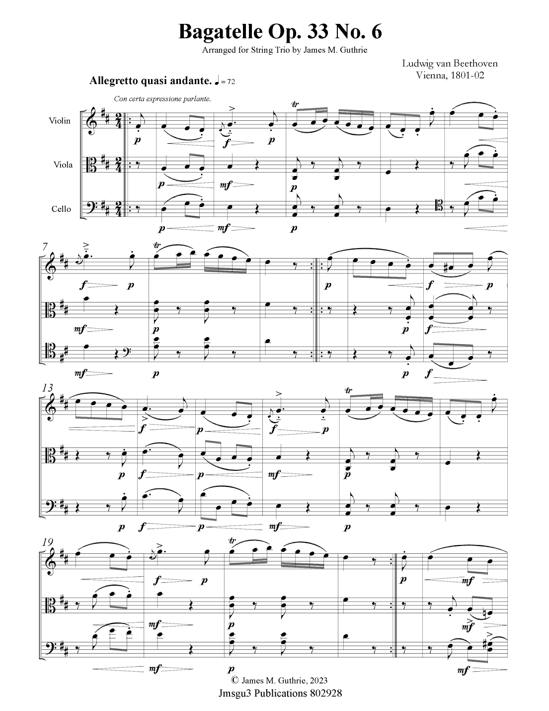 Beethoven: Bagatelle Op. 33 No. 6 for String Trio (arr. James M. Guthrie, ASCAP)