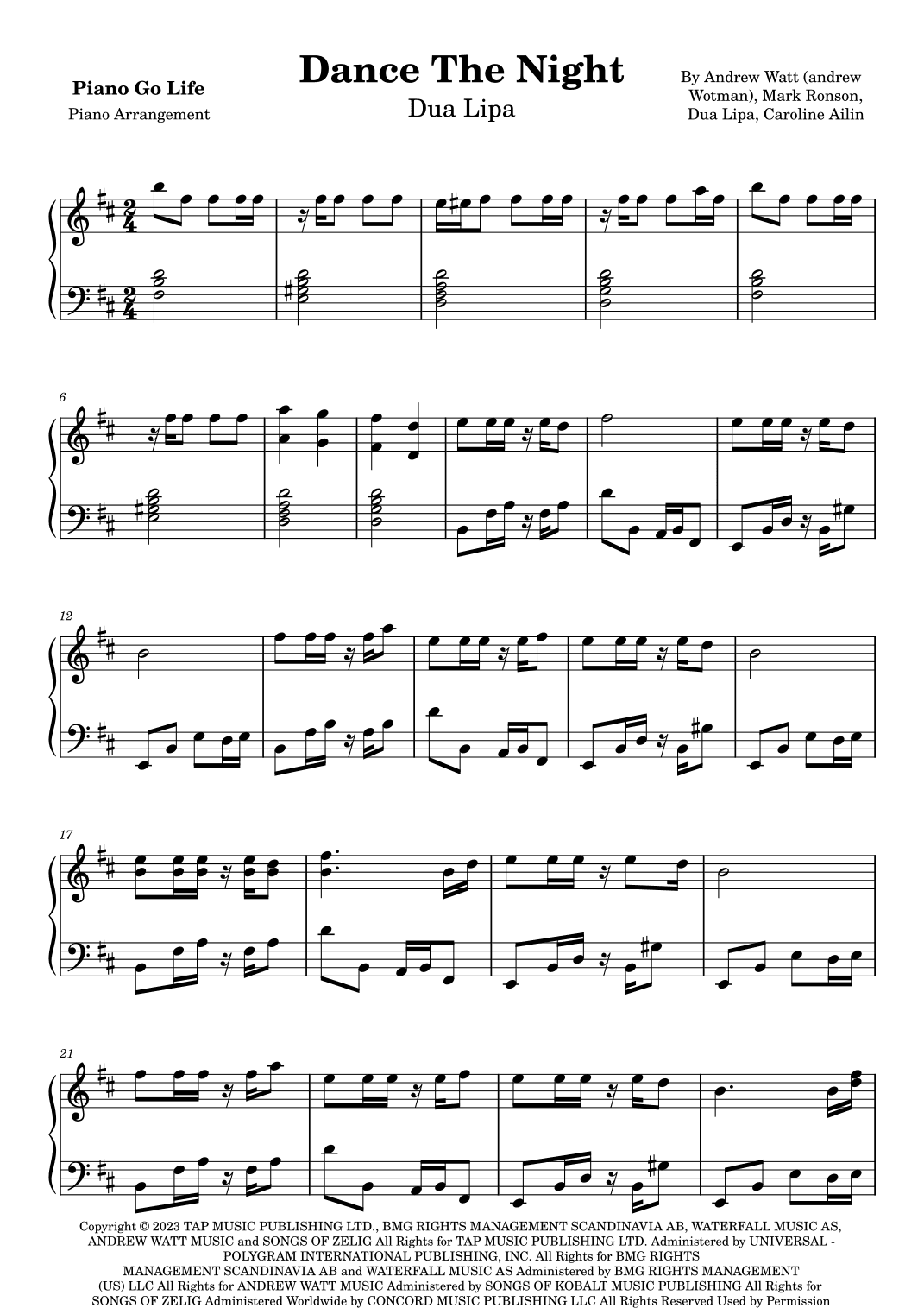 Dance The Night (arr. Piano Go Life)