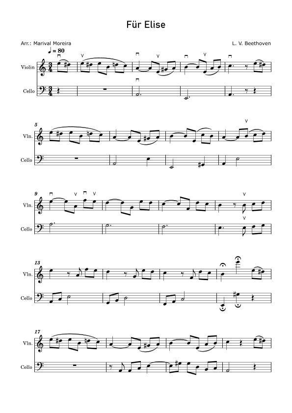 Fur Elise - Beethoven Violin and Cello v1 (arr. Marival Moreira)