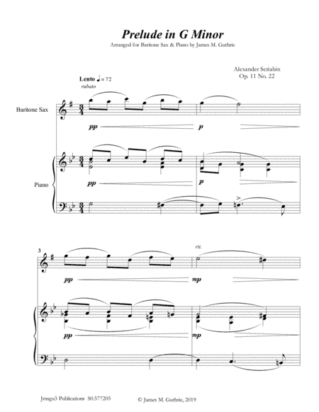 Scriabin: Prelude in G Minor for Baritone Sax & Piano (arr. James M. Guthrie)