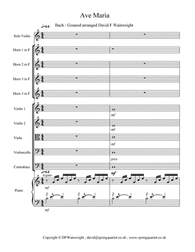 Ave Maria Bach Gounod for solo violin with piano, strings and horns, score, parts, mp3 and backing t (arr. David F Wainwright)