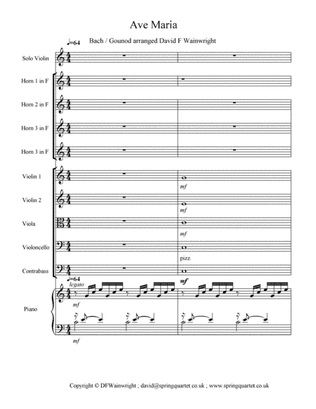 Ave Maria Bach Gounod for solo violin with piano, strings and horns, score, parts, mp3 and backing t (arr. David F Wainwright)