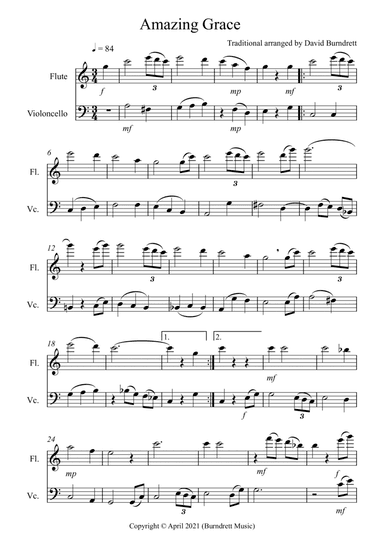 Amazing Grace for Flute and Cello Duet (arr. David Burndrett)