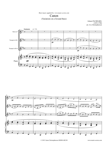 Pachelbel's Canon - 2 Trumpets, French Horn and Piano (arr. Anne L Christopherson GRSM ARCM)