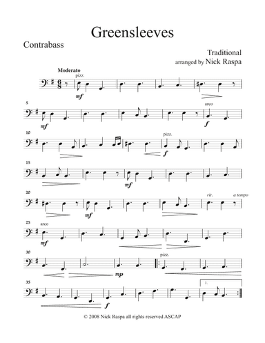 Greensleeves (variations for String Orchestra) Double Bass part (arr. Nick Raspa)