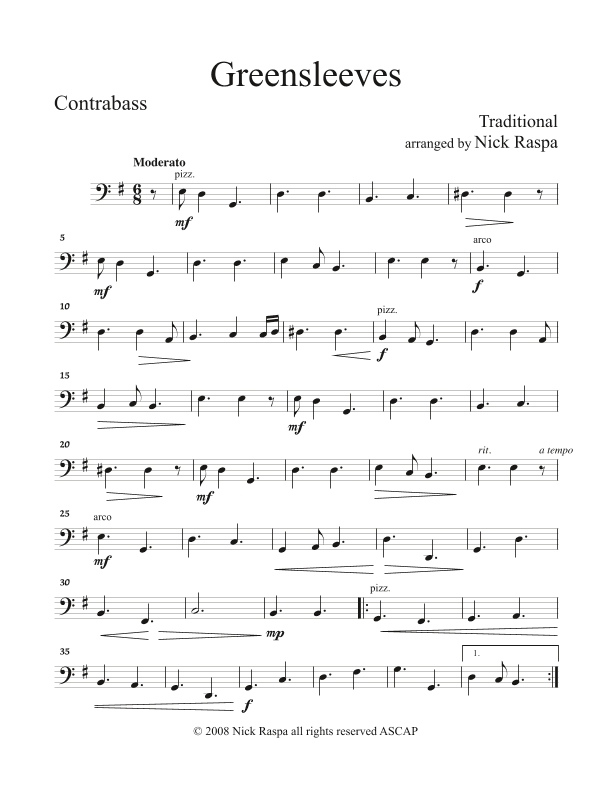Greensleeves (variations for String Orchestra) Double Bass part (arr. Nick Raspa)