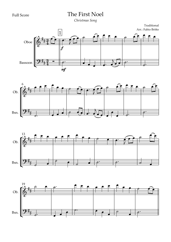 The First Noel (Christmas Song) for Oboe & Bassoon Duo (arr. Fabio Britto)