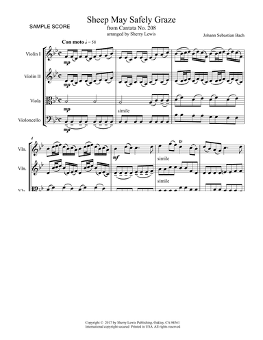 SHEEP MAY SAFELY GRAZE String Quartet, Intermediate Level for 2 violins, viola and cello (arr. Sherry Lewis)