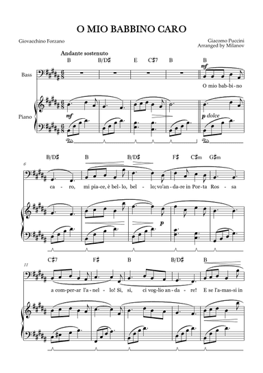 O Mio Babbino Caro | Male Voice Bass | B Major | Piano accompaniment | Pedal | Chords (arr. Milanov)