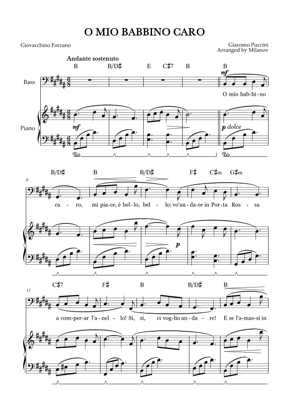 O Mio Babbino Caro | Male Voice Bass | B Major | Piano accompaniment | Pedal | Chords (arr. Milanov)