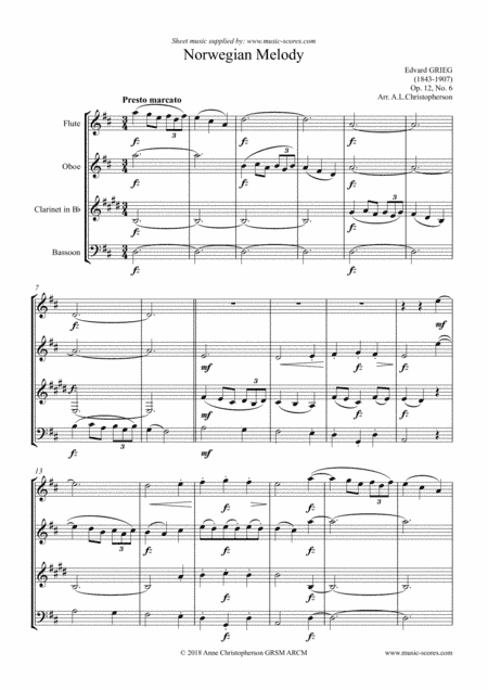 Norwegian Melody, Op.12, No.6 - Wind Quartet (arr. Anne L Christopherson GRSM ARCM)