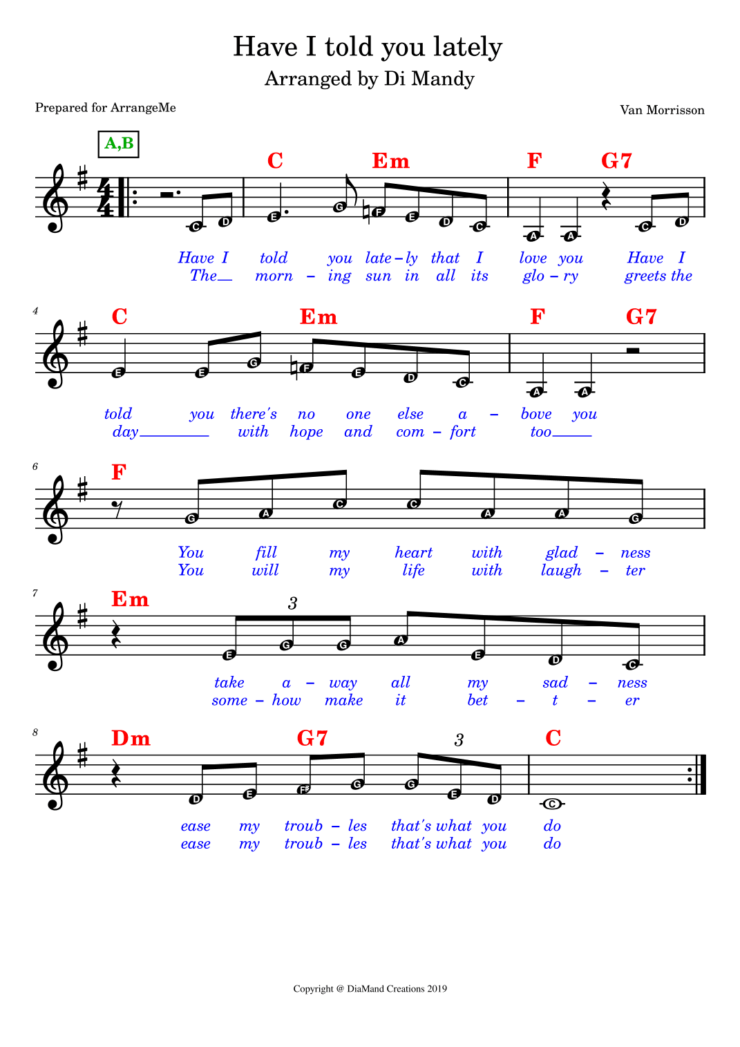 Have I Told You Lately (arr. Copyright @ DiaMand Creations 2023)