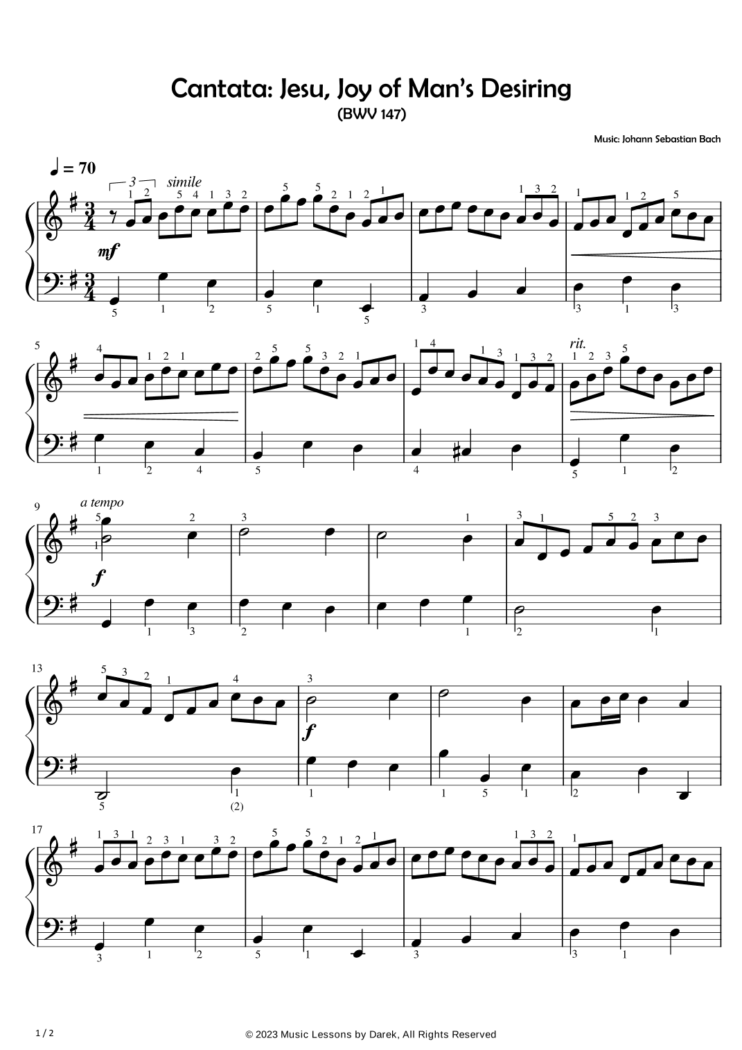 Cantata: Jesu, Joy of Man’s Desiring (EASY PIANO) (BWV 147) [Johann Sebastian Bach] (arr. Darek)