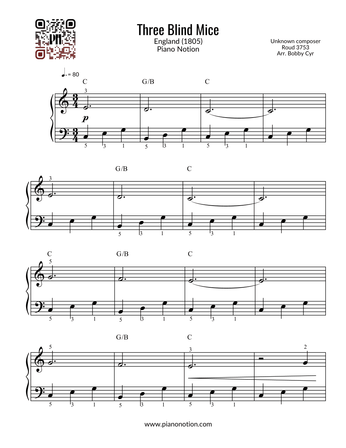 Three Blind Mice - Nursery Rhymes (Easy Piano) (arr. Bobby Cyr - Piano Notion)