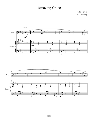 Amazing Grace (Solo Cello with Piano Accompaniment) (arr. B. C. Dockery)
