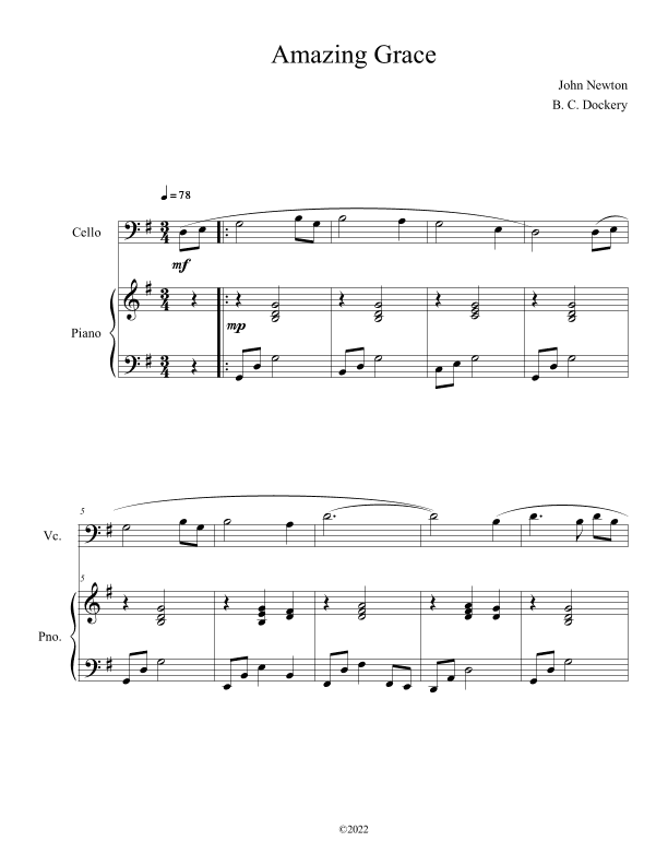 Amazing Grace (Solo Cello with Piano Accompaniment) (arr. B. C. Dockery)