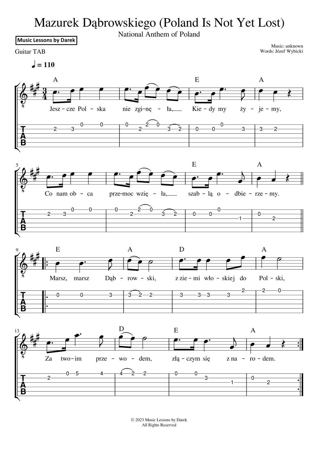 Mazurek Dabrowskiego (National Anthem of Poland) [GUITAR TAB] (arr. Darek)