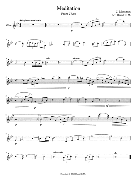 Meditation for oboe and piano (easy) in Bb (arr. Daniel C. M.)
