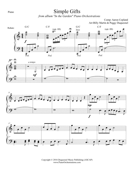 Simple Gifts (Solo Piano - Key of C) (arr. Peggy Duquesnel & Billy Martin)
