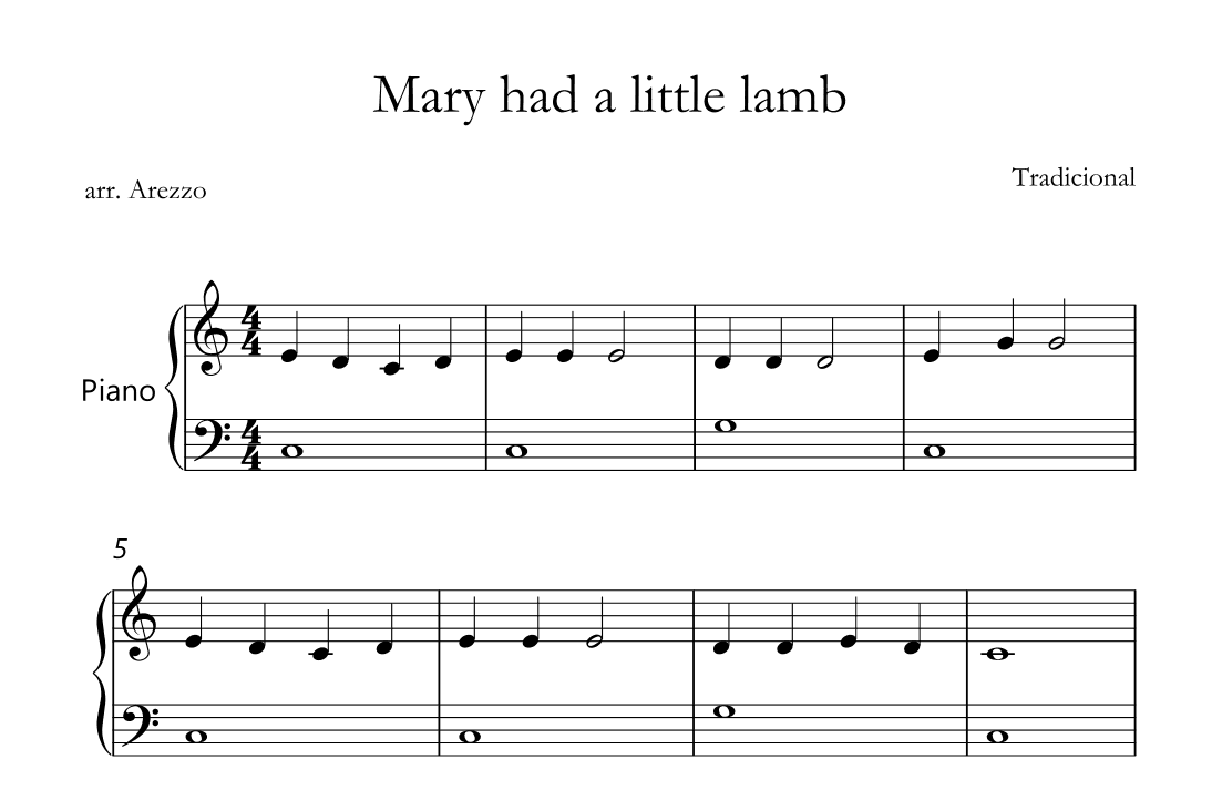 mary had a little lamb piano sheet music for beginners (arr. Arezzo Music)