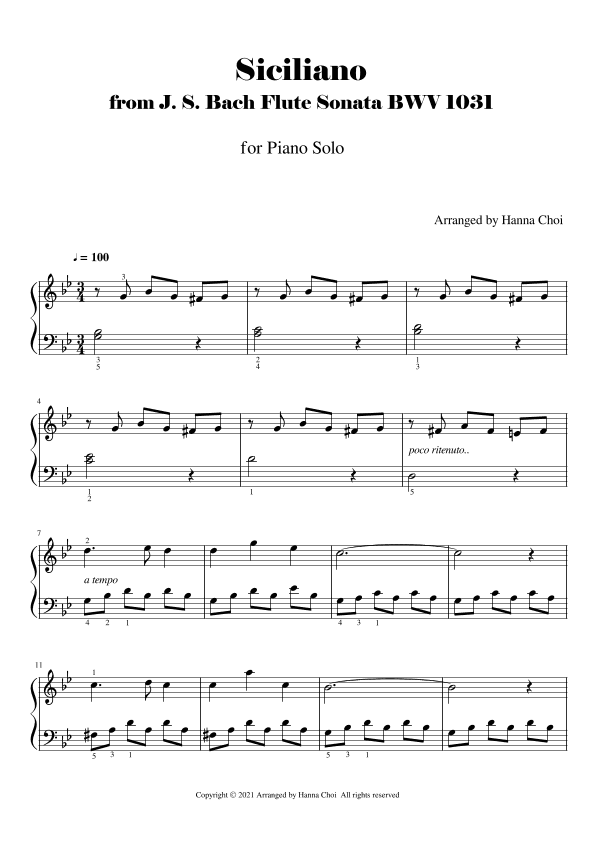 "Siciliano" from Bach Flute Sonata [for Piano Solo] (arr. Hanna Choi)