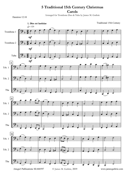 5 Traditional 15th Century Christmas Carols for Trombone Duo & Tuba (arr. James M. Guthrie, ASCAP)