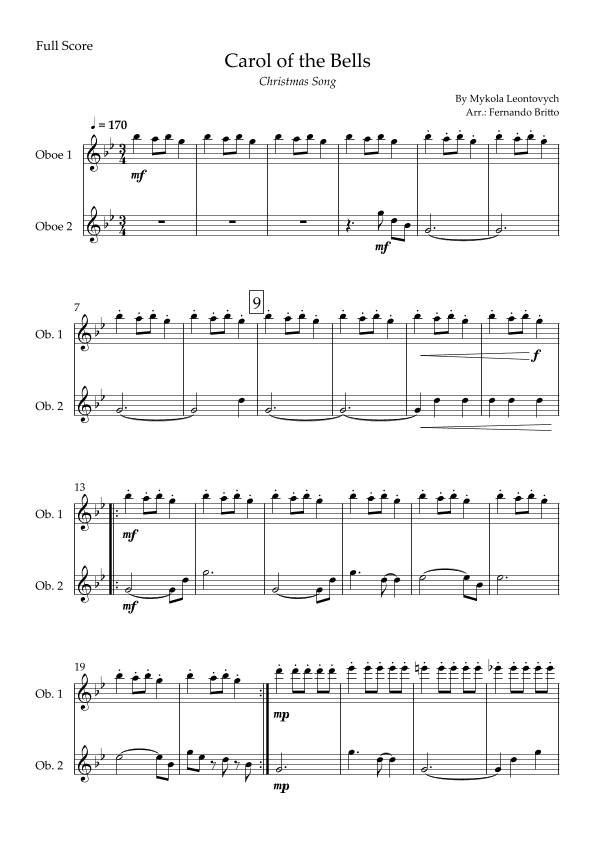 Carol of the Bells in Jazz Version (Christmas Song) for Oboe Duo (arr. Fabio Britto)