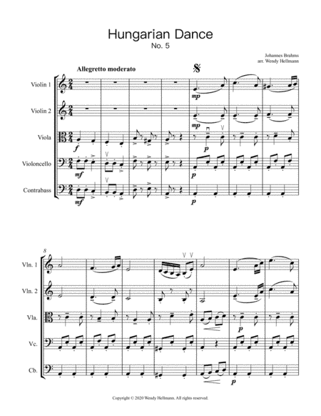 Hungarian Dance No. 5 (for String Orchestra/Quintet) (arr. Wendy Hellmann)