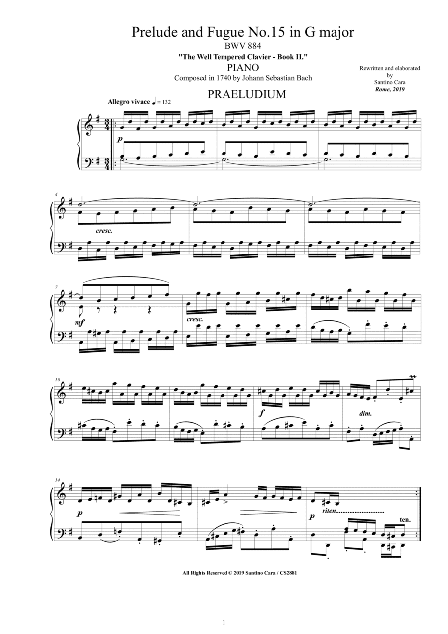 Bach - Prelude and Fugue No.15 in G major BWV 884 for Piano (arr. Santino Cara)