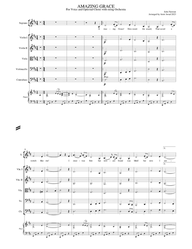 AMAZING GRACE for Voice and Optional Choir with Piano and String Orchestra/Quartet in D-E-F# major (arr. Amir Awad)