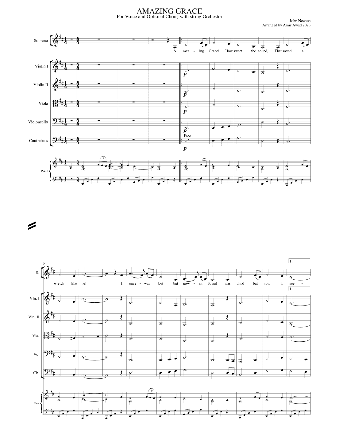 AMAZING GRACE for Voice and Optional Choir with Piano and String Orchestra/Quartet in D-E-F# major (arr. Amir Awad)