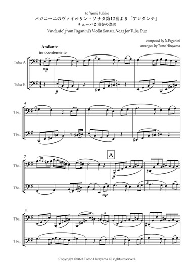 "Andante" from Paganini's Violin Sonata No.12 for Tuba (arr. Tomo Hirayama)