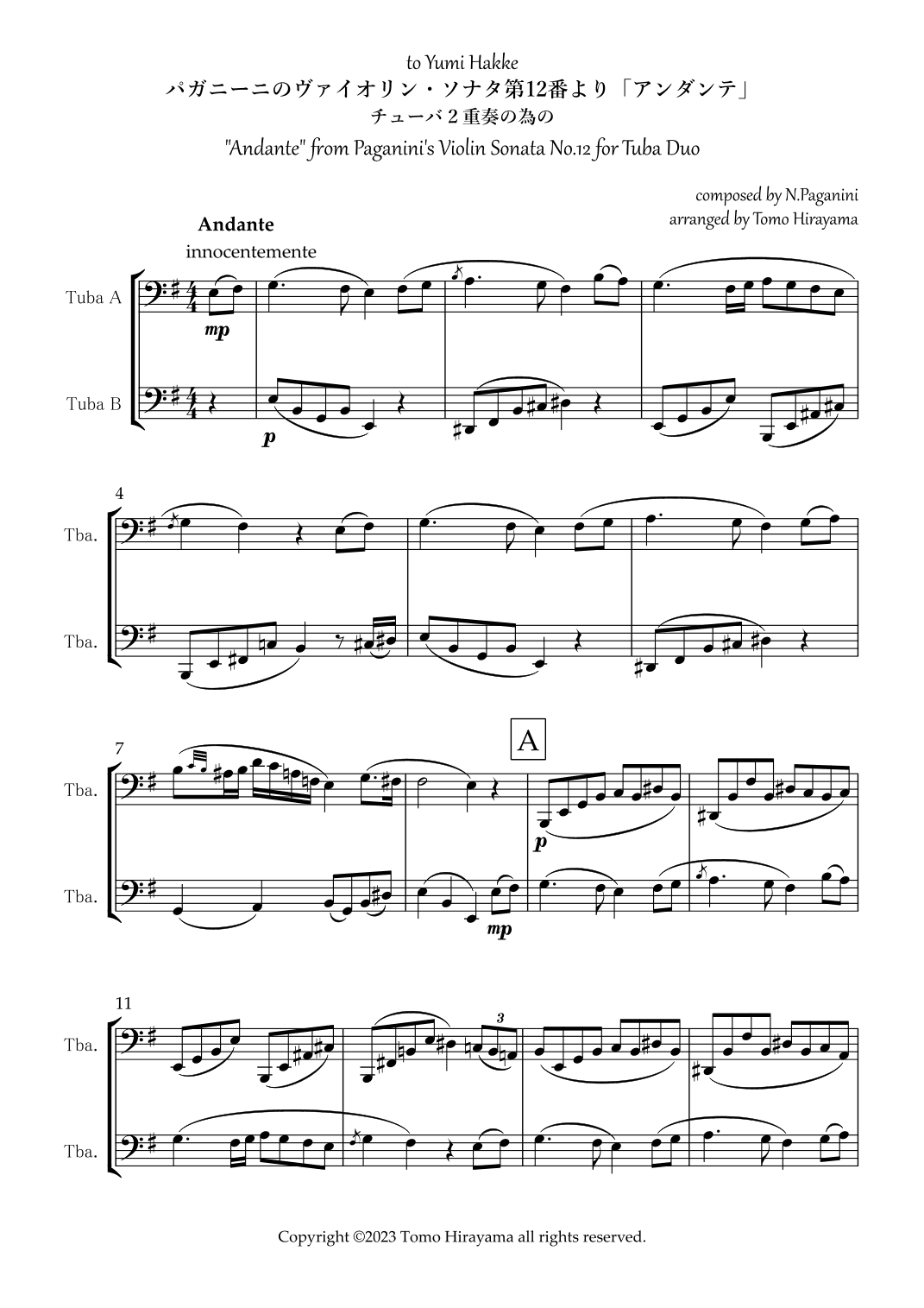 "Andante" from Paganini's Violin Sonata No.12 for Tuba (arr. Tomo Hirayama)