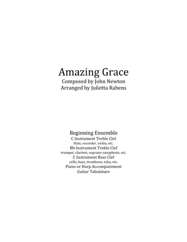 Amazing Grace in G major for easy ensemble (arr. Julietta Rabens)