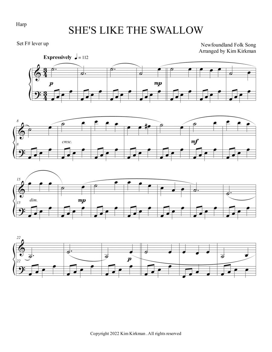 She's Like the Swallow - eerie folk song - for solo harp - in A minor - only 1 F# lever required (arr. Kim Kirkman)
