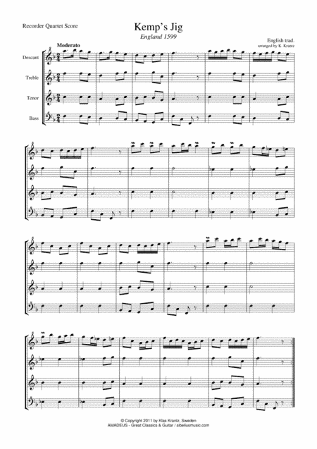 Kemp's Jig for recorder quartet (arr. K. Krantz)