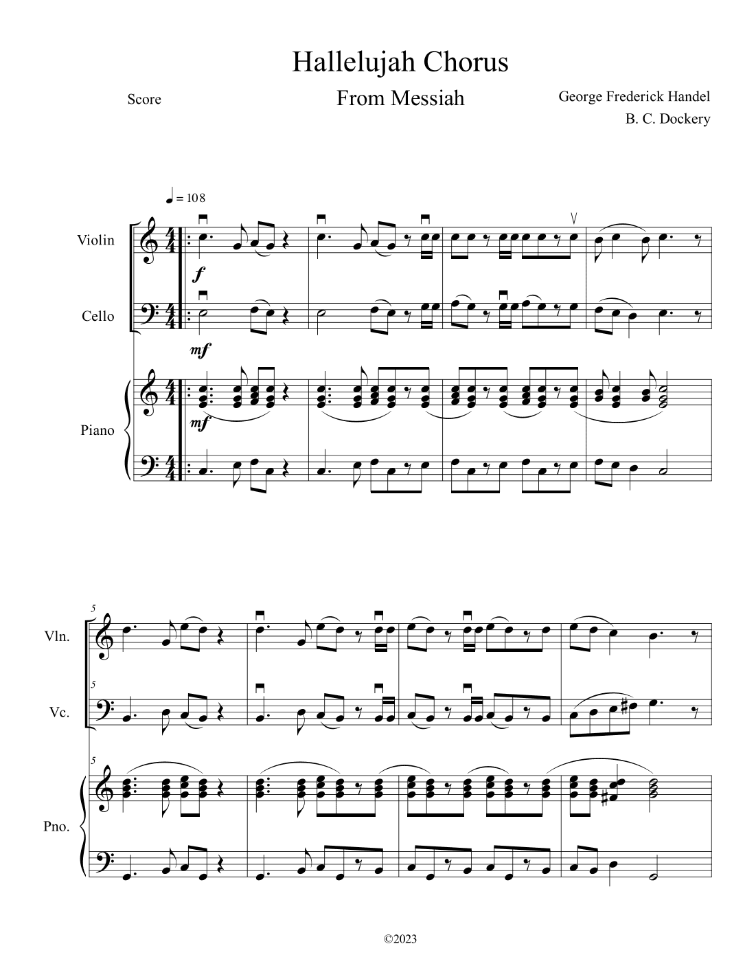Hallelujah Chorus from Messiah (Violin Cello Duet with Piano Accompaniment) (arr. B. C. Dockery)