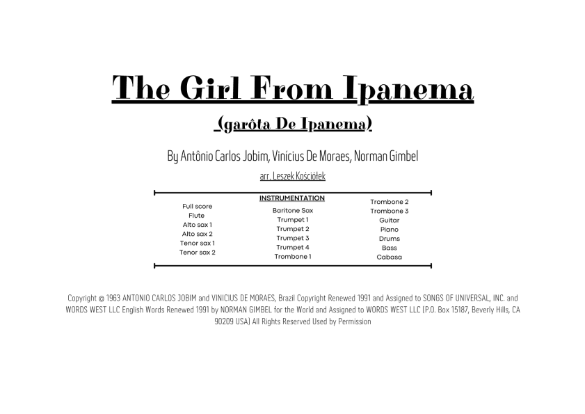 The Girl From Ipanema (garôta De Ipanema) - Score Only (arr. Leszek Kościółek)