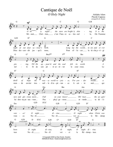 O Holy Night / Cantique de noel, lead sheet for voice with guitar chords (G Major) (arr. K. Krantz)