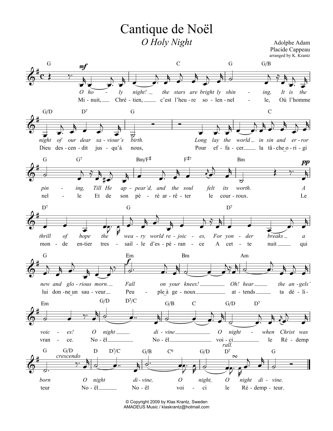 O Holy Night / Cantique de noel, lead sheet for voice with guitar chords (G Major) (arr. K. Krantz)